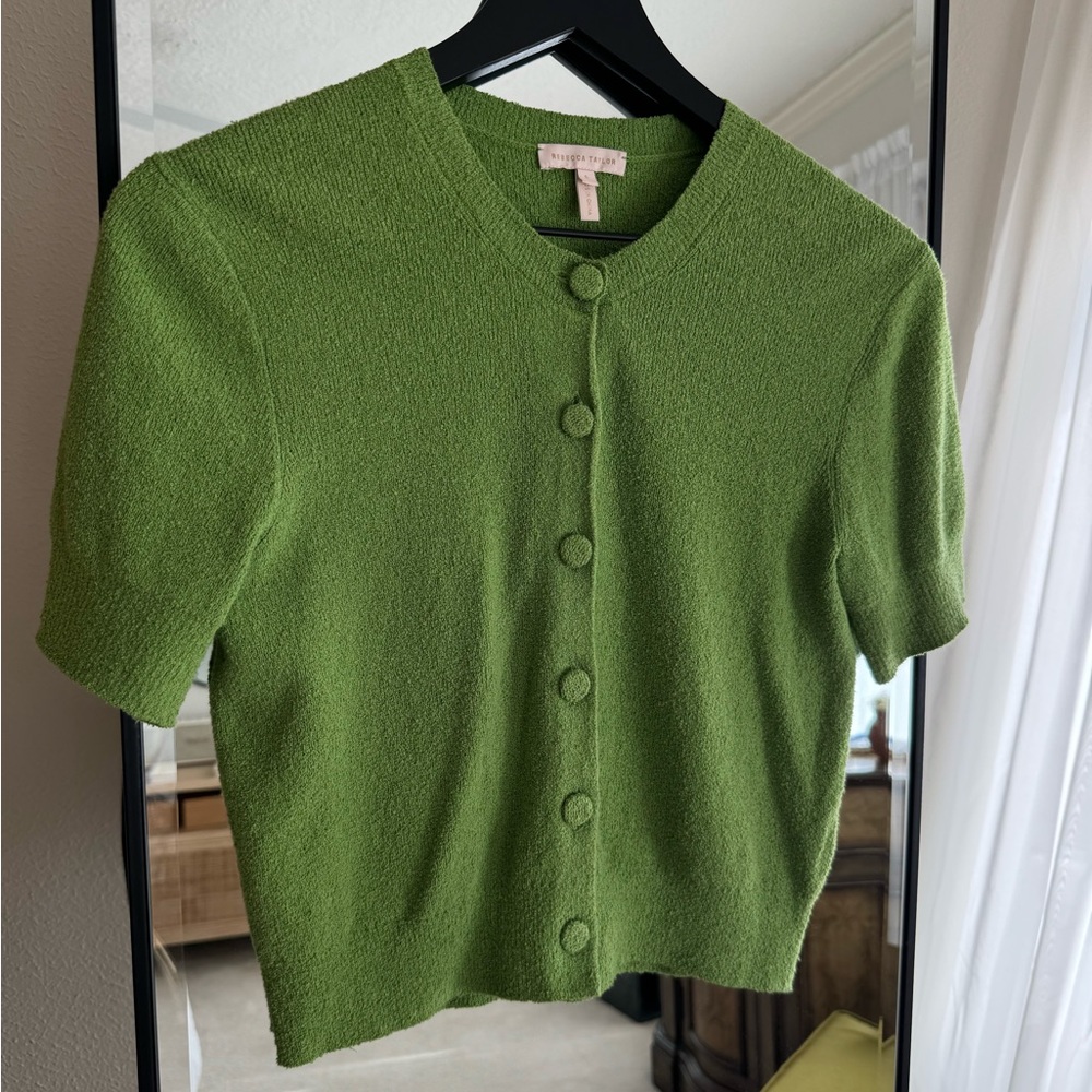 Rebecca Taylor Green Button Up Crop Cardigan Blouse Cotton Blend S